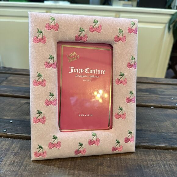 Juicy Couture Photo Frame 4” x 6” Pink Velour w/ Cherry Print Picture Frame NEW - Picture 1 of 4